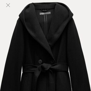 Zara Hooded Belted Coat Black Sz M